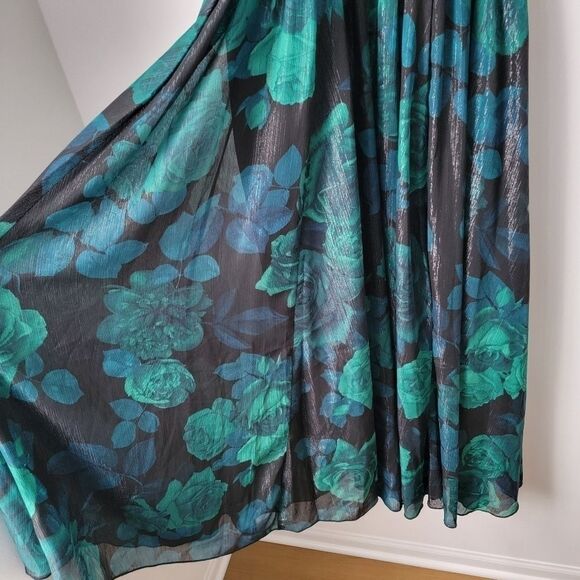 ALEXA B NITES Blue & Green Rose & Leaf Motif Gown Woven Metallic Silver Size 4 - Picture 8 of 9